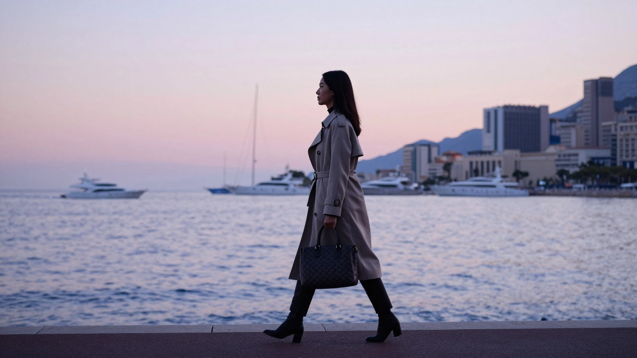 A confident woman walks alone at sunrise along Monaco&#039;s seaside promenade, surrounded by quiet luxury.