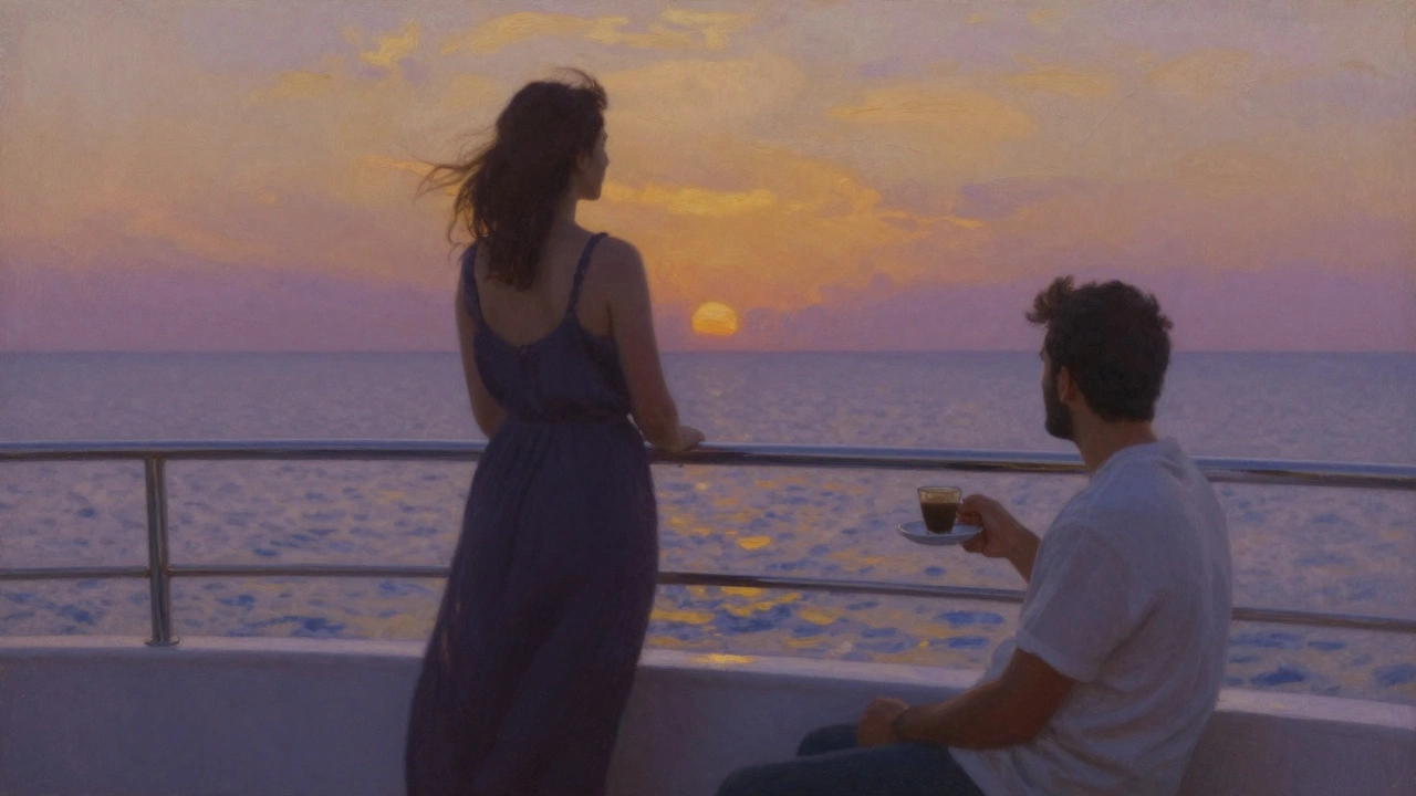 A man and woman sharing a peaceful moment on a private yacht at sunset in Dubai.