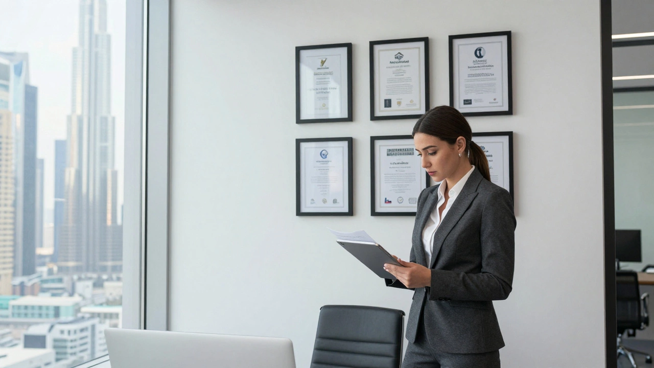 A professional woman reviewing confidential client files in a modern Dubai agency office.