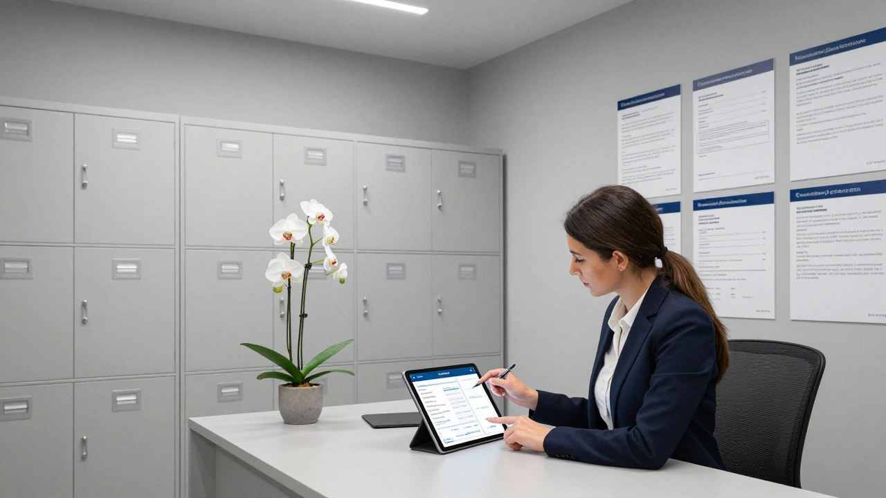 A professional woman reviews a client&#039;s secure digital profile in a discreet Monaco agency office.